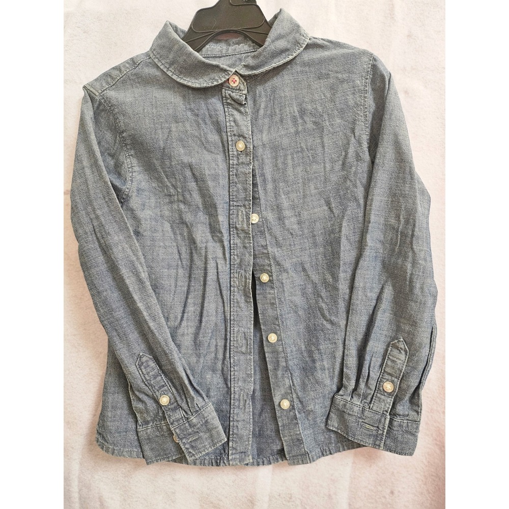 Lands End Kids Blue Chambray Peter Pan Collar Button Down Shirt Girl 1117 sz 6